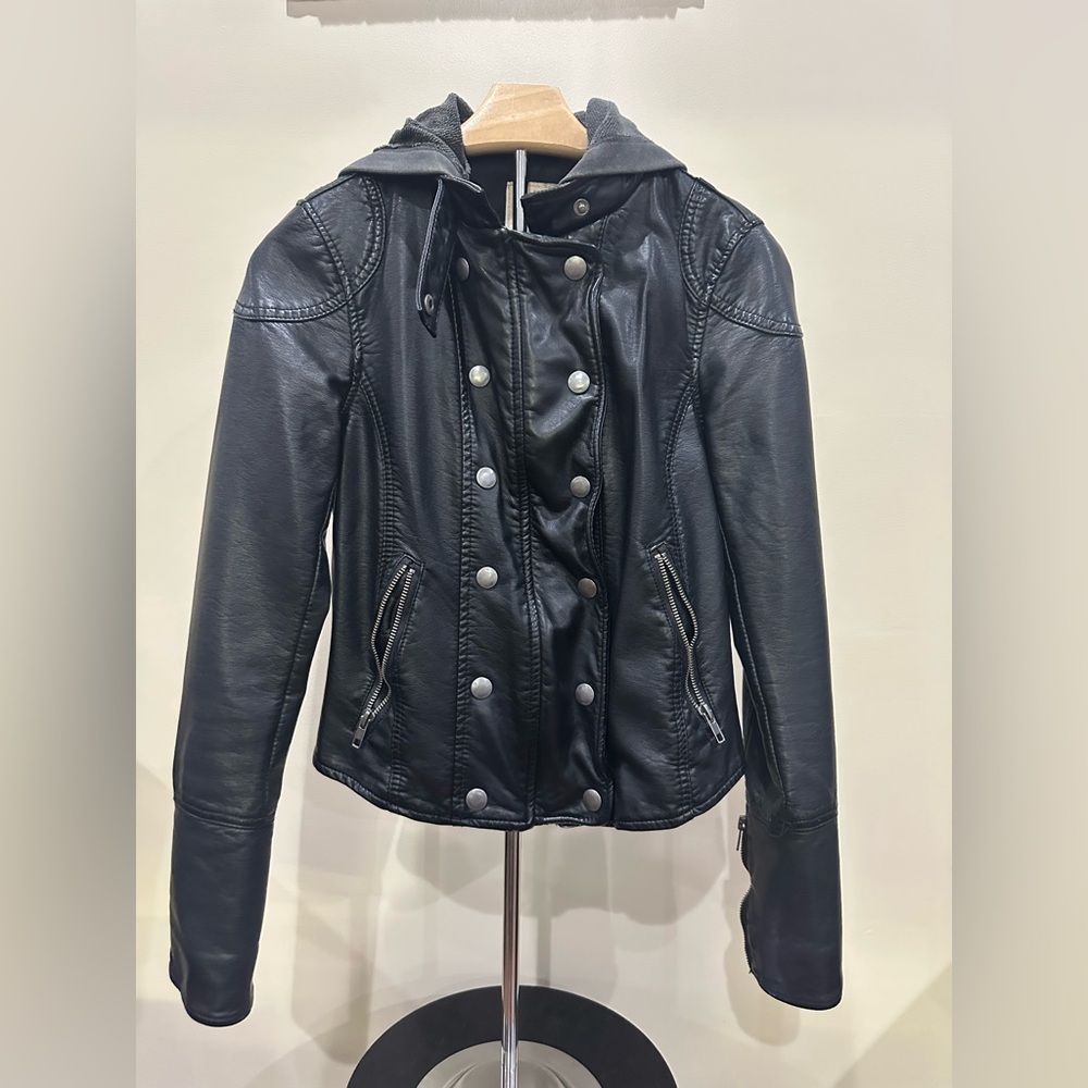 Free People leather jacket with hoodie.